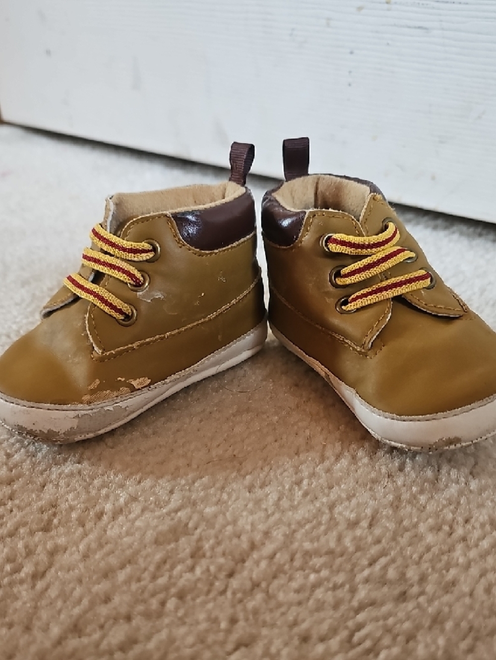 Revo Tan and Brown High-Top Baby Walker Shoes with Yellow-Red Laces - Picture 3 of 9